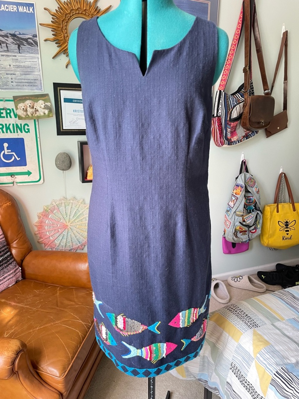 Talbots blue shift dress embroidered fish sequins and beads size 8